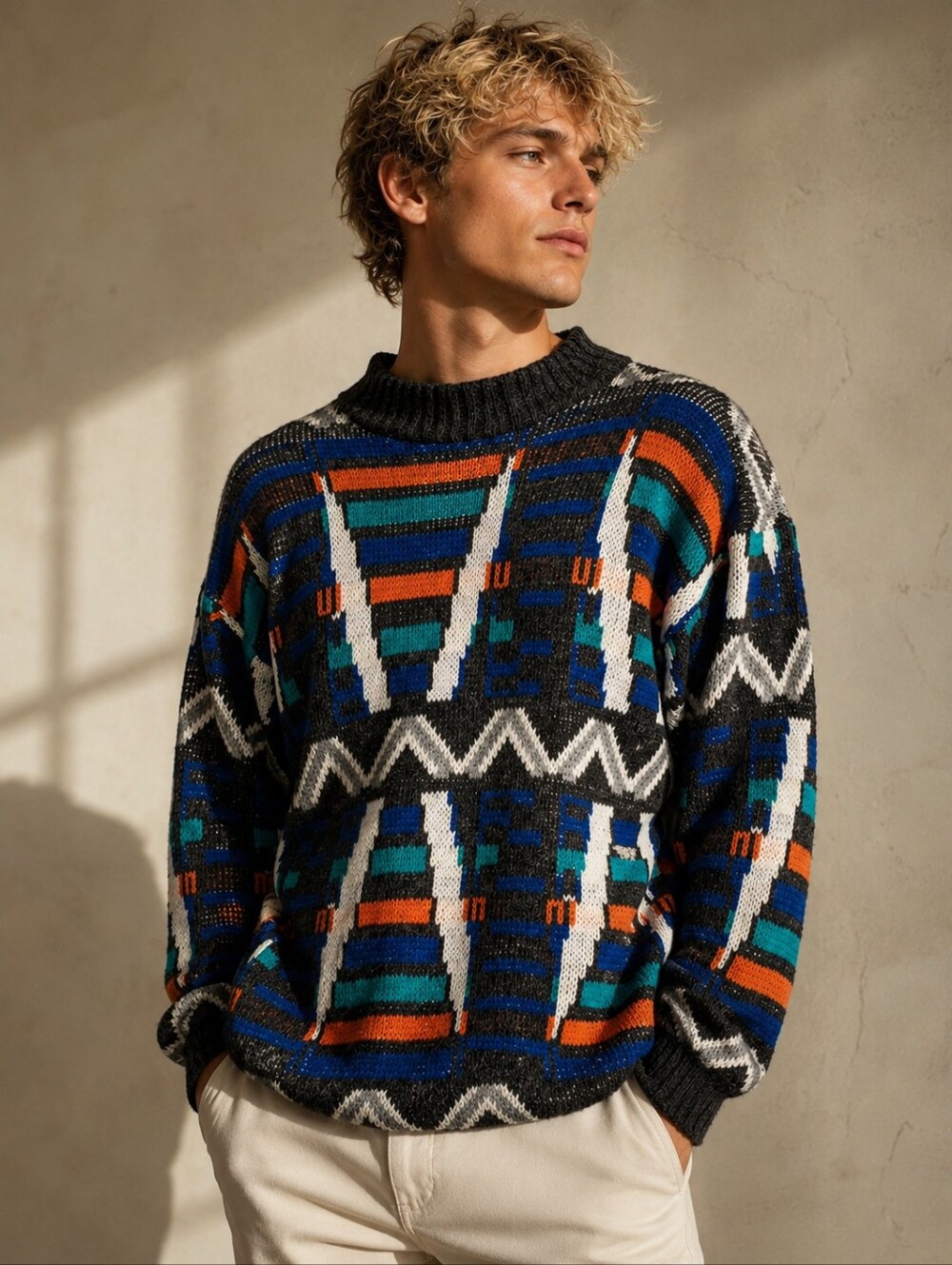 VINTAGE CROQUET CLUB Sweater Mens Medium Black Blue Geometric Grandpa 80s 90s